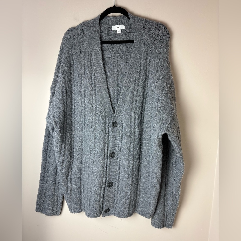 BP Cardigan Sweater Women's Size Large Gray Cable Knit Button Oversized Grandpa